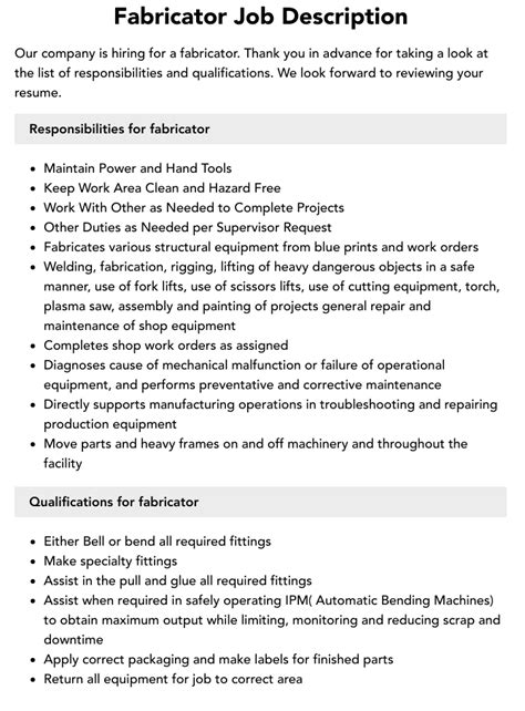 fabricator job description sample